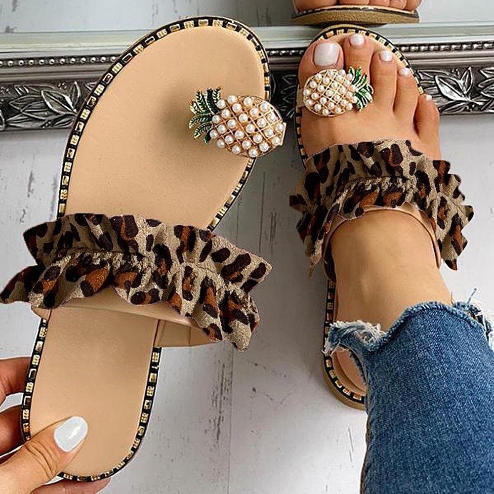 Pineapple Pearl Flat Slide Toe-Ring Sandal in Leopard Print